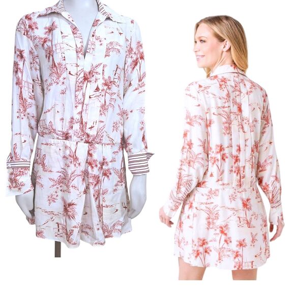 FRAME Dresses & Skirts - FRAME Silk Dress Womens Size XS Long Sleeve Mini Tropical Toile Ivory/Cream/Red